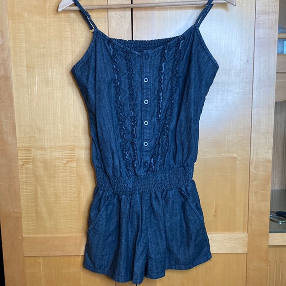 Mudd navy blue denim romper, tuxedo button, elastic waist, front size M (J1072) - Picture 2 of 14